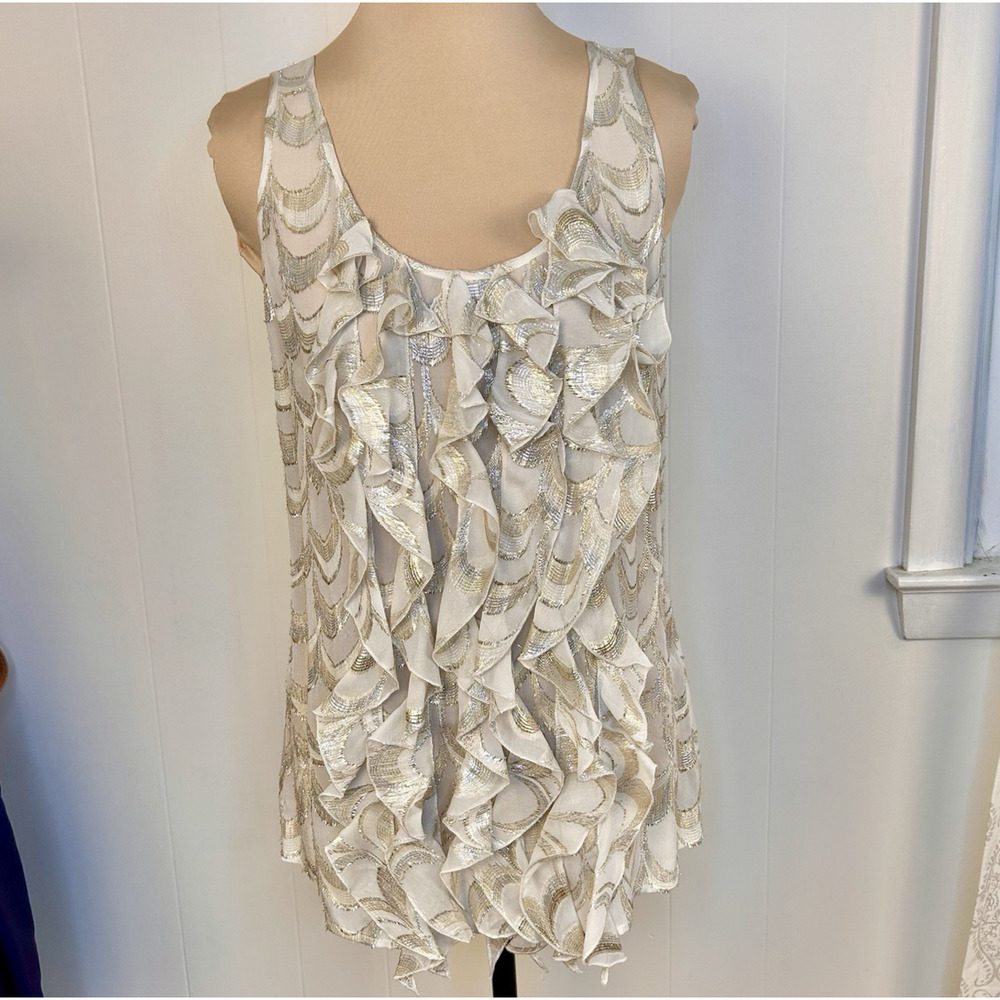 Rachel Zoe Size 4 Sleeveless Blouse Ruffle Top Ivory Gold Silk Metallic NWT